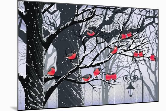 Bullfinches on Trees in Winter City-Milovelen-Mounted Art Print