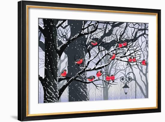 Bullfinches on Trees in Winter City-Milovelen-Framed Art Print