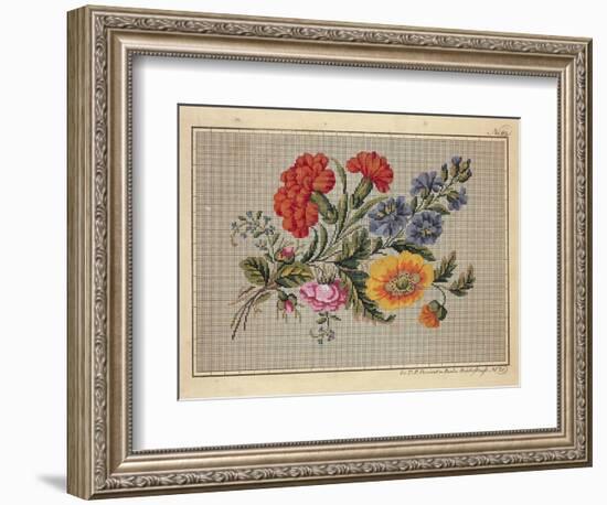 Bunch of Roses, Carnations, Marigolds and Forget-Me-Not Embroidery Design-null-Framed Giclee Print