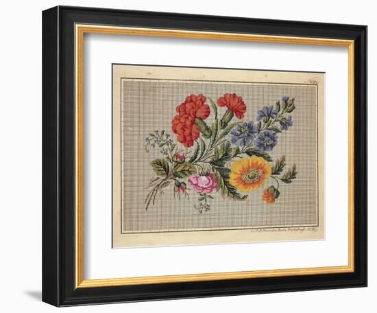 Bunch of Roses, Carnations, Marigolds and Forget-Me-Not Embroidery Design-null-Framed Giclee Print