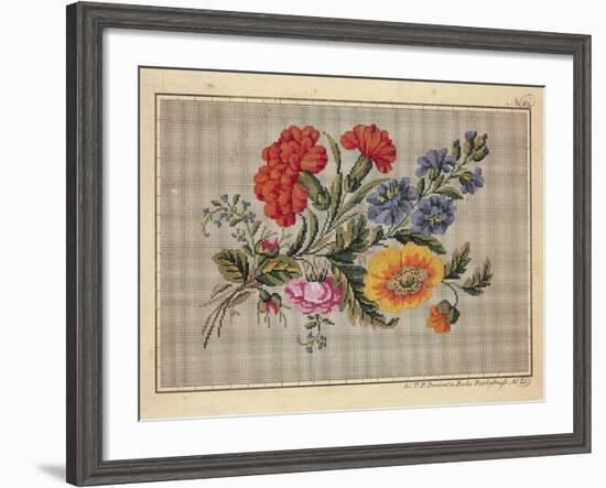 Bunch of Roses, Carnations, Marigolds and Forget-Me-Not Embroidery Design-null-Framed Giclee Print