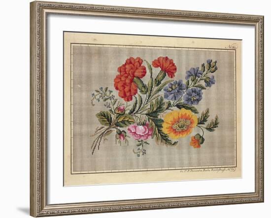 Bunch of Roses, Carnations, Marigolds and Forget-Me-Not Embroidery Design-null-Framed Giclee Print