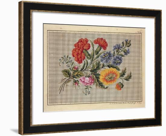 Bunch of Roses, Carnations, Marigolds and Forget-Me-Not Embroidery Design-null-Framed Giclee Print