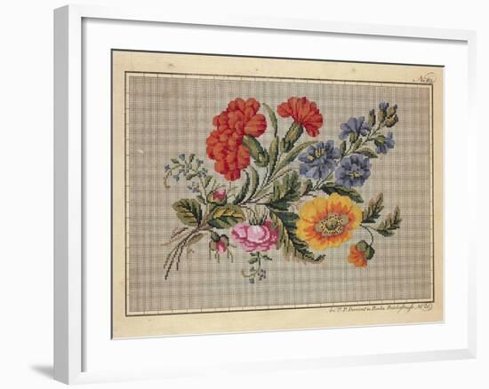 Bunch of Roses, Carnations, Marigolds and Forget-Me-Not Embroidery Design-null-Framed Giclee Print