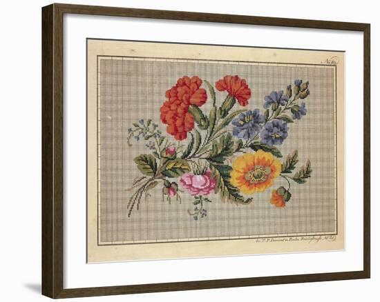 Bunch of Roses, Carnations, Marigolds and Forget-Me-Not Embroidery Design-null-Framed Giclee Print