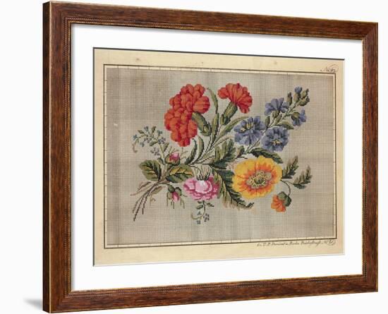 Bunch of Roses, Carnations, Marigolds and Forget-Me-Not Embroidery Design-null-Framed Giclee Print