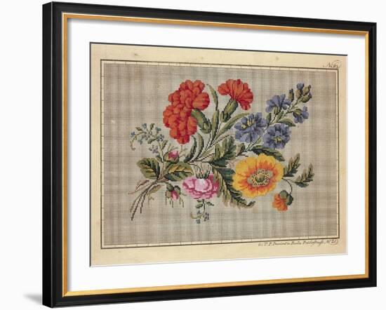 Bunch of Roses, Carnations, Marigolds and Forget-Me-Not Embroidery Design-null-Framed Giclee Print