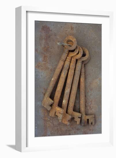 Bunch of Rusty Old Deadlock Keys Held Together by Wire Lying On Rusty Metal Sheet-Den Reader-Framed Photographic Print