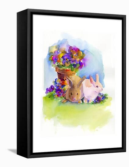 Bunnies with Pansies, 2014-John Keeling-Framed Premier Image Canvas