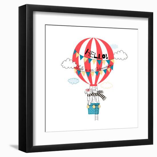 Bunny Flying in Air Balloon-Olga_Angelloz-Framed Art Print