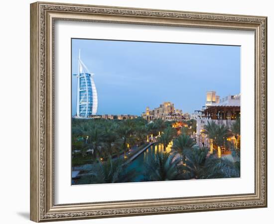 Burj Al Arab and Madinat Jumeirah Hotels at Dusk, Dubai, United Arab Emirates, Middle East-Amanda Hall-Framed Photographic Print