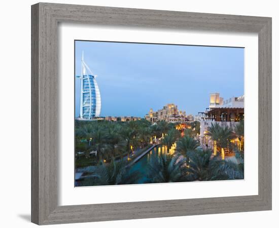 Burj Al Arab and Madinat Jumeirah Hotels at Dusk, Dubai, United Arab Emirates, Middle East-Amanda Hall-Framed Photographic Print