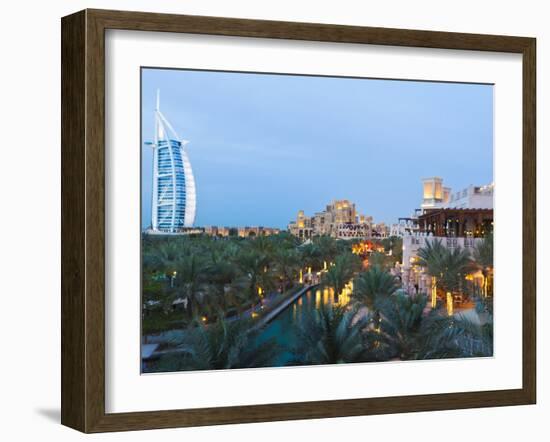 Burj Al Arab and Madinat Jumeirah Hotels at Dusk, Dubai, United Arab Emirates, Middle East-Amanda Hall-Framed Photographic Print