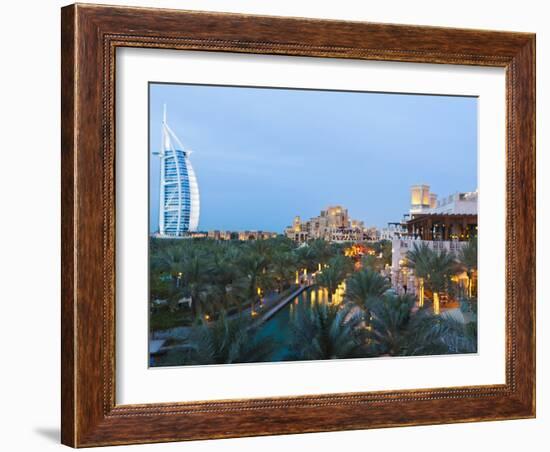 Burj Al Arab and Madinat Jumeirah Hotels at Dusk, Dubai, United Arab Emirates, Middle East-Amanda Hall-Framed Photographic Print