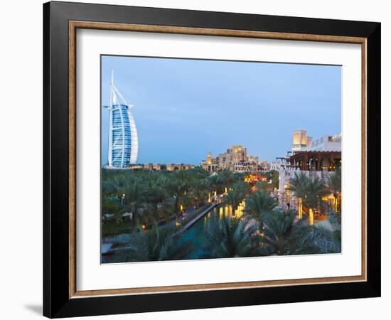 Burj Al Arab and Madinat Jumeirah Hotels at Dusk, Dubai, United Arab Emirates, Middle East-Amanda Hall-Framed Photographic Print