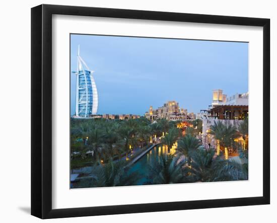 Burj Al Arab and Madinat Jumeirah Hotels at Dusk, Dubai, United Arab Emirates, Middle East-Amanda Hall-Framed Photographic Print