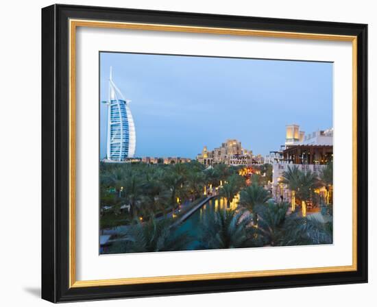 Burj Al Arab and Madinat Jumeirah Hotels at Dusk, Dubai, United Arab Emirates, Middle East-Amanda Hall-Framed Photographic Print