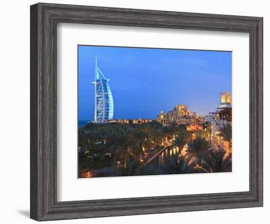 Burj Al Arab Viewed From the Madinat Jumeirah Hotel at Dusk, Jumeirah Beach, Dubai, Uae-null-Framed Photographic Print