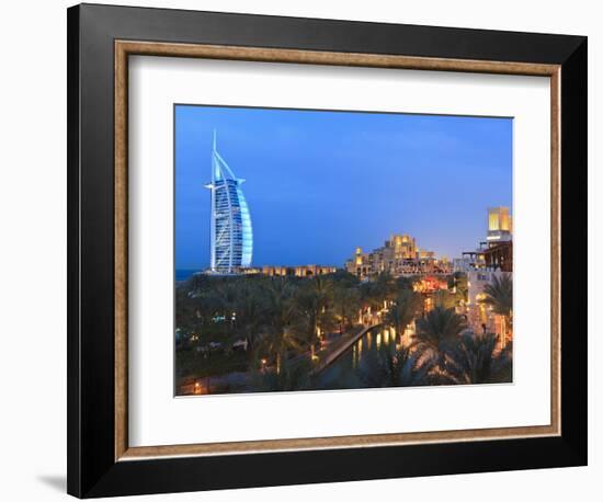 Burj Al Arab Viewed From the Madinat Jumeirah Hotel at Dusk, Jumeirah Beach, Dubai, Uae-null-Framed Photographic Print