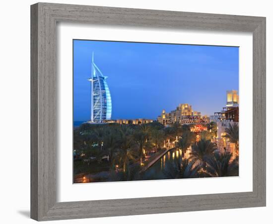 Burj Al Arab Viewed From the Madinat Jumeirah Hotel at Dusk, Jumeirah Beach, Dubai, Uae-null-Framed Photographic Print