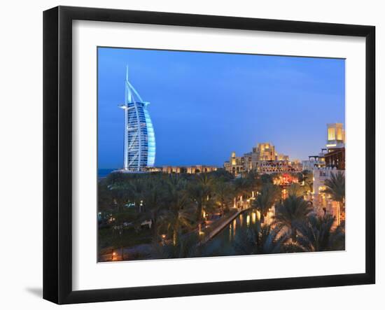 Burj Al Arab Viewed From the Madinat Jumeirah Hotel at Dusk, Jumeirah Beach, Dubai, Uae-null-Framed Photographic Print