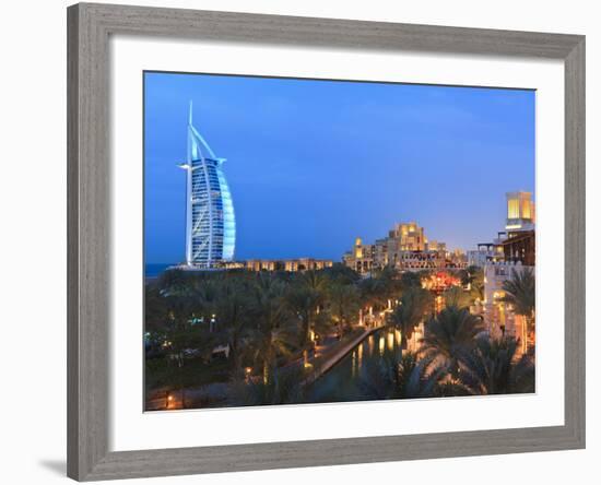 Burj Al Arab Viewed From the Madinat Jumeirah Hotel at Dusk, Jumeirah Beach, Dubai, Uae-null-Framed Photographic Print