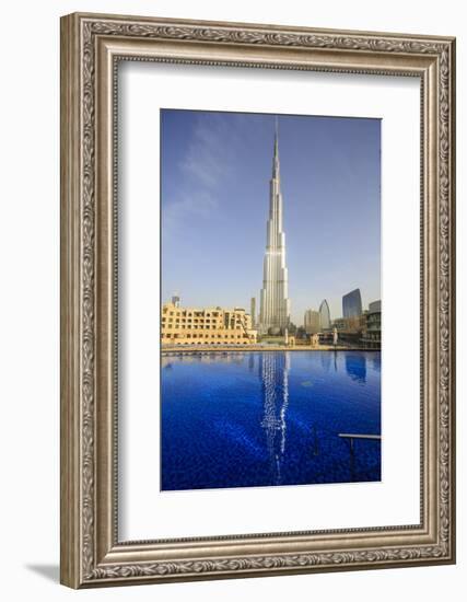 Burj Khalifa Reflected in Hotel Swimming Pool, Dubai, United Arab Emirates, Middle East-Amanda Hall-Framed Photographic Print