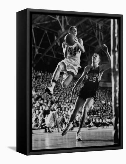 Burke Scott of Hoosiers Basketball Team Leaping Through Air Towards Lay Up Shot at Basketball Hoop-Francis Miller-Framed Premier Image Canvas