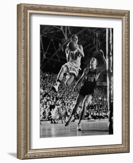 Burke Scott of Hoosiers Basketball Team Leaping Through Air Towards Lay Up Shot at Basketball Hoop-Francis Miller-Framed Photographic Print