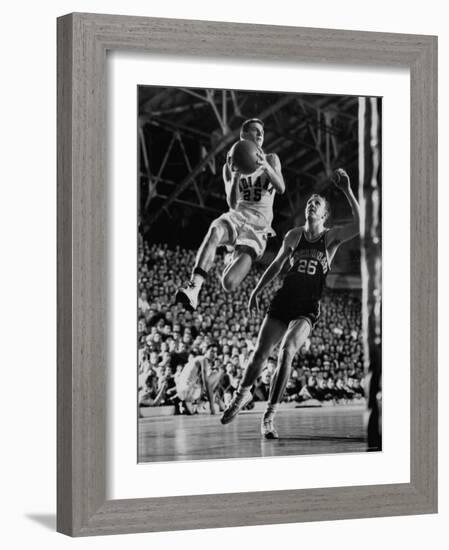 Burke Scott of Hoosiers Basketball Team Leaping Through Air Towards Lay Up Shot at Basketball Hoop-Francis Miller-Framed Photographic Print