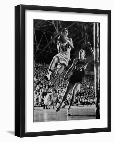 Burke Scott of Hoosiers Basketball Team Leaping Through Air Towards Lay Up Shot at Basketball Hoop-Francis Miller-Framed Photographic Print