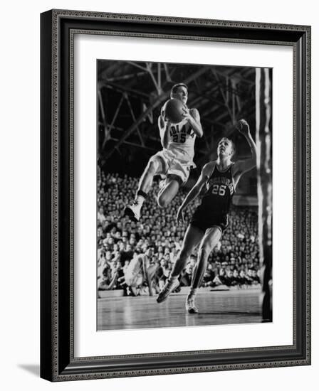 Burke Scott of Hoosiers Basketball Team Leaping Through Air Towards Lay Up Shot at Basketball Hoop-Francis Miller-Framed Photographic Print