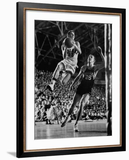 Burke Scott of Hoosiers Basketball Team Leaping Through Air Towards Lay Up Shot at Basketball Hoop-Francis Miller-Framed Photographic Print