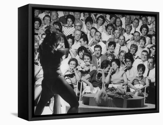 Burlesque Female Impersonator Stripper Dee Light Dancing to a Large Audience of Men and Women-George Silk-Framed Premier Image Canvas