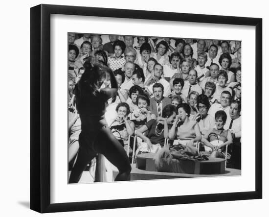 Burlesque Female Impersonator Stripper Dee Light Dancing to a Large Audience of Men and Women-George Silk-Framed Photographic Print