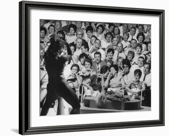 Burlesque Female Impersonator Stripper Dee Light Dancing to a Large Audience of Men and Women-George Silk-Framed Photographic Print