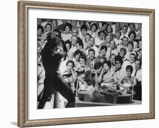 Burlesque Female Impersonator Stripper Dee Light Dancing to a Large Audience of Men and Women-George Silk-Framed Photographic Print