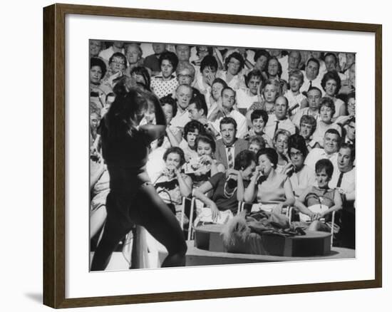 Burlesque Female Impersonator Stripper Dee Light Dancing to a Large Audience of Men and Women-George Silk-Framed Photographic Print