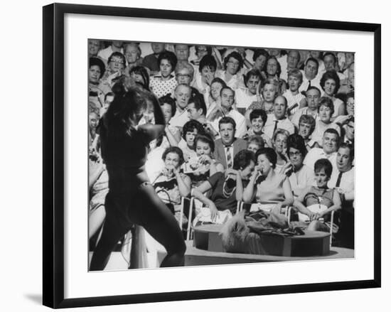 Burlesque Female Impersonator Stripper Dee Light Dancing to a Large Audience of Men and Women-George Silk-Framed Photographic Print