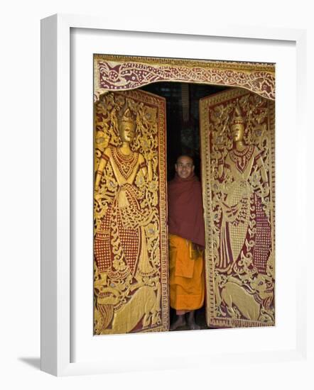 Burma, Wun Nyat, the Abbot Closes the Ornate Door to Beautiful Wun Nyat Monastery, Myanmar-Nigel Pavitt-Framed Photographic Print