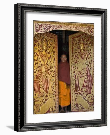 Burma, Wun Nyat, the Abbot Closes the Ornate Door to Beautiful Wun Nyat Monastery, Myanmar-Nigel Pavitt-Framed Photographic Print