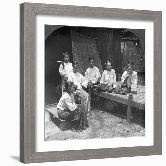 Burmese Women Smoking Outside their Home, Mandalay, Burma, 1908-null-Framed Photographic Print