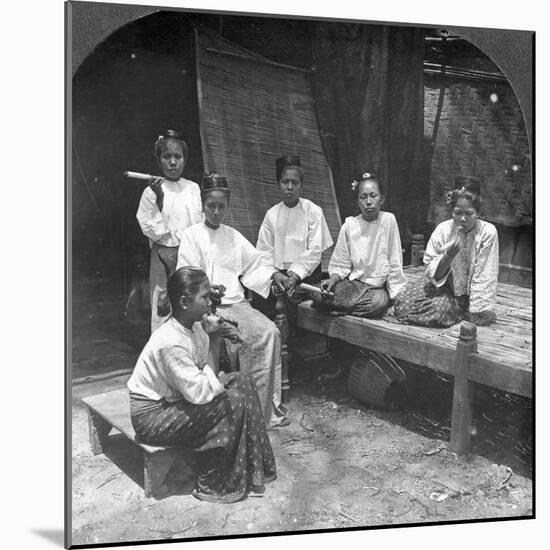 Burmese Women Smoking Outside their Home, Mandalay, Burma, 1908-null-Mounted Photographic Print