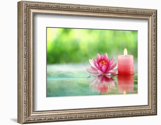 Burning Candle and Water Lily in Water.-Liang Zhang-Framed Photographic Print