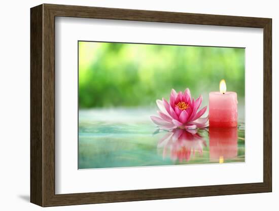 Burning Candle and Water Lily in Water.-Liang Zhang-Framed Photographic Print