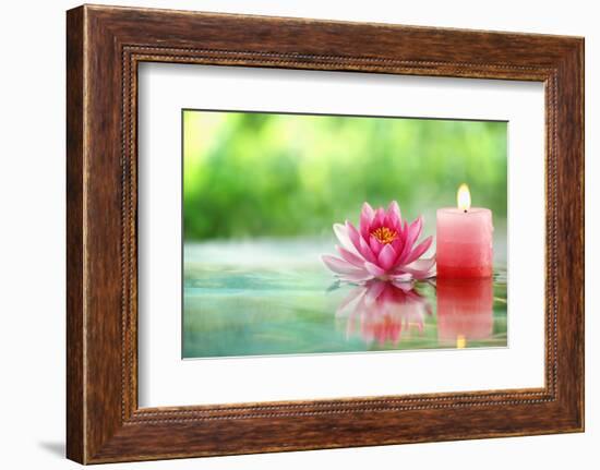 Burning Candle and Water Lily in Water.-Liang Zhang-Framed Photographic Print