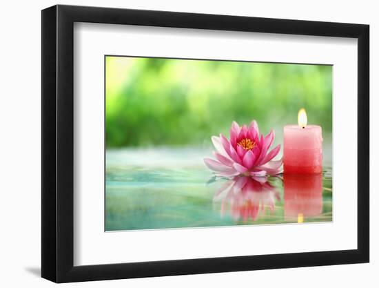 Burning Candle and Water Lily in Water.-Liang Zhang-Framed Photographic Print