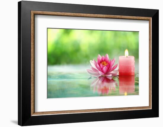 Burning Candle and Water Lily in Water.-Liang Zhang-Framed Photographic Print