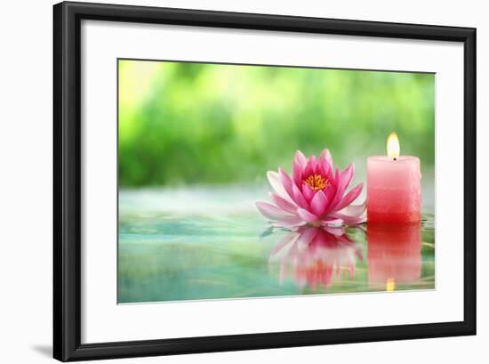 Burning Candle and Water Lily in Water.-Liang Zhang-Framed Photographic Print