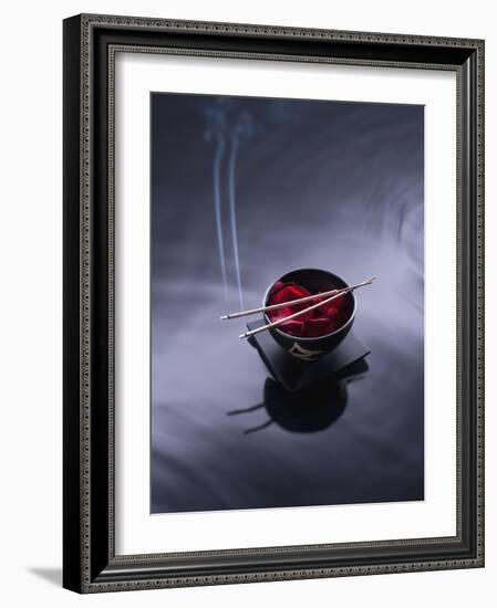 Burning incense on top of bowl of petals-John Smith-Framed Photographic Print